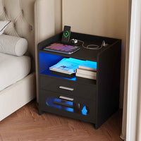 Thumbnail for Modern White Bedside Table with 2 Drawers, RGB LED Lighting, Charging & USB Port