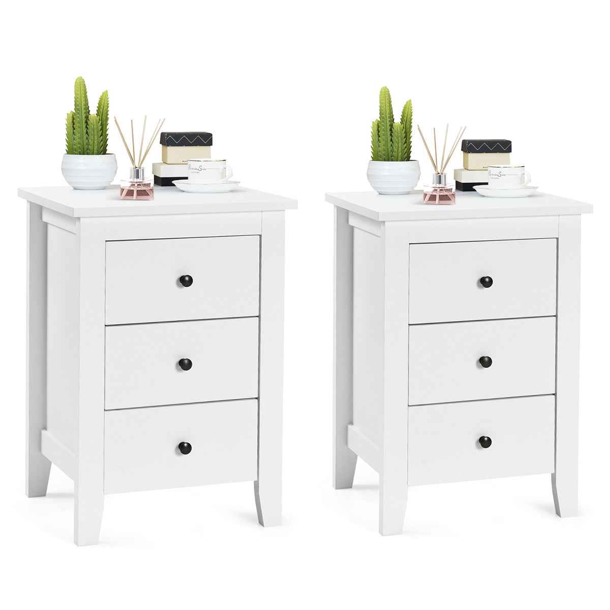 LIFEZEAL 2x Bedside Tables Wood Side Table Nightstand Storage Cabinet w/3 Drawers White