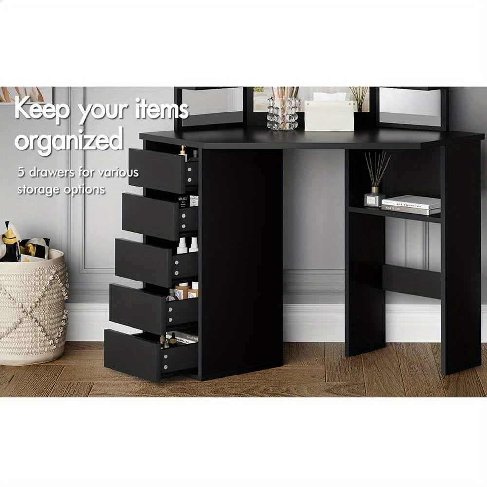 Modern Vanity Desk Set with Tri-Fold Mirror, Adjustable Height Stool - Hardwood Construction, Spacious Storage