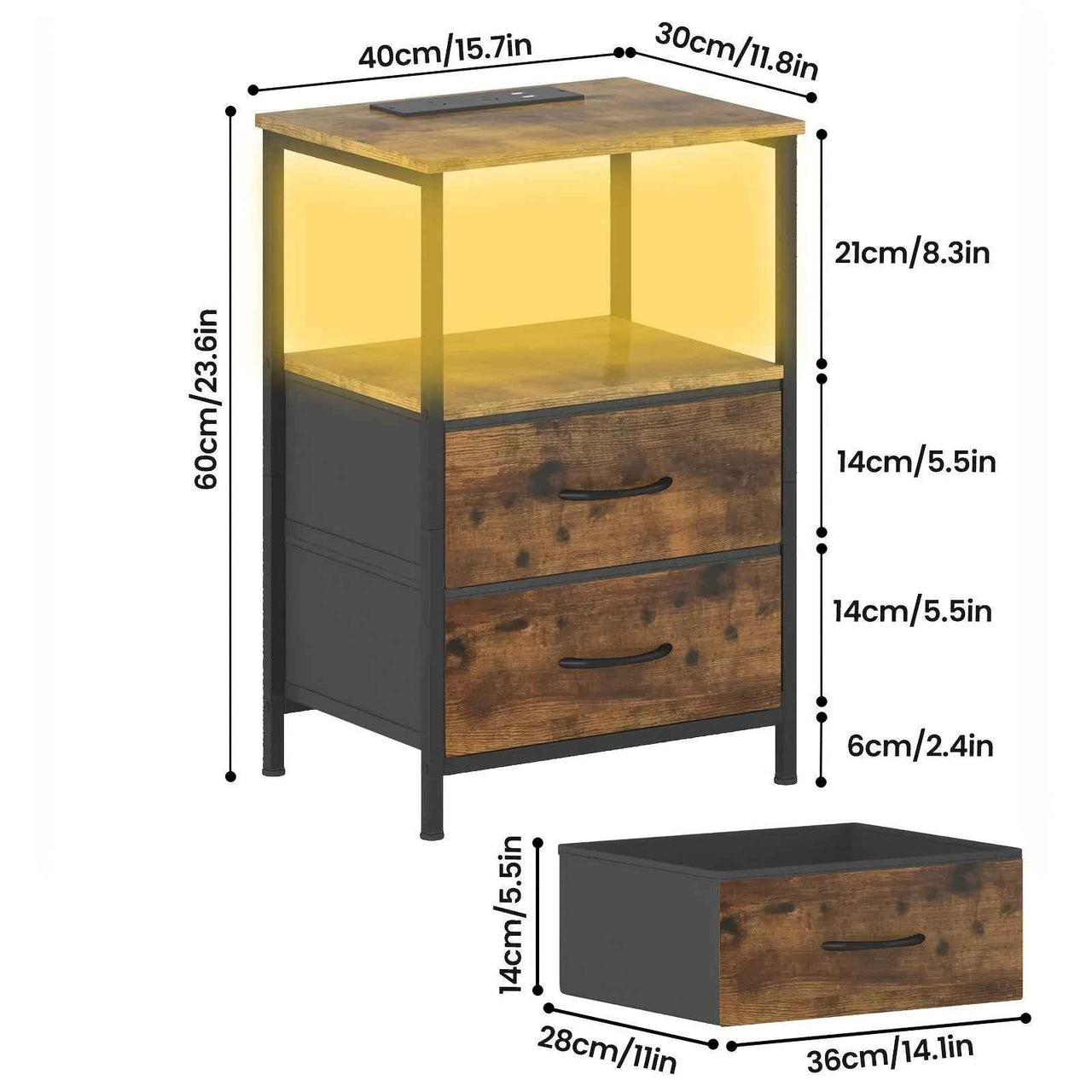 Advwin Bedside Table 2/3 Fabric Drawers Wooden, LED Nightstand with Charging Station And USB Port