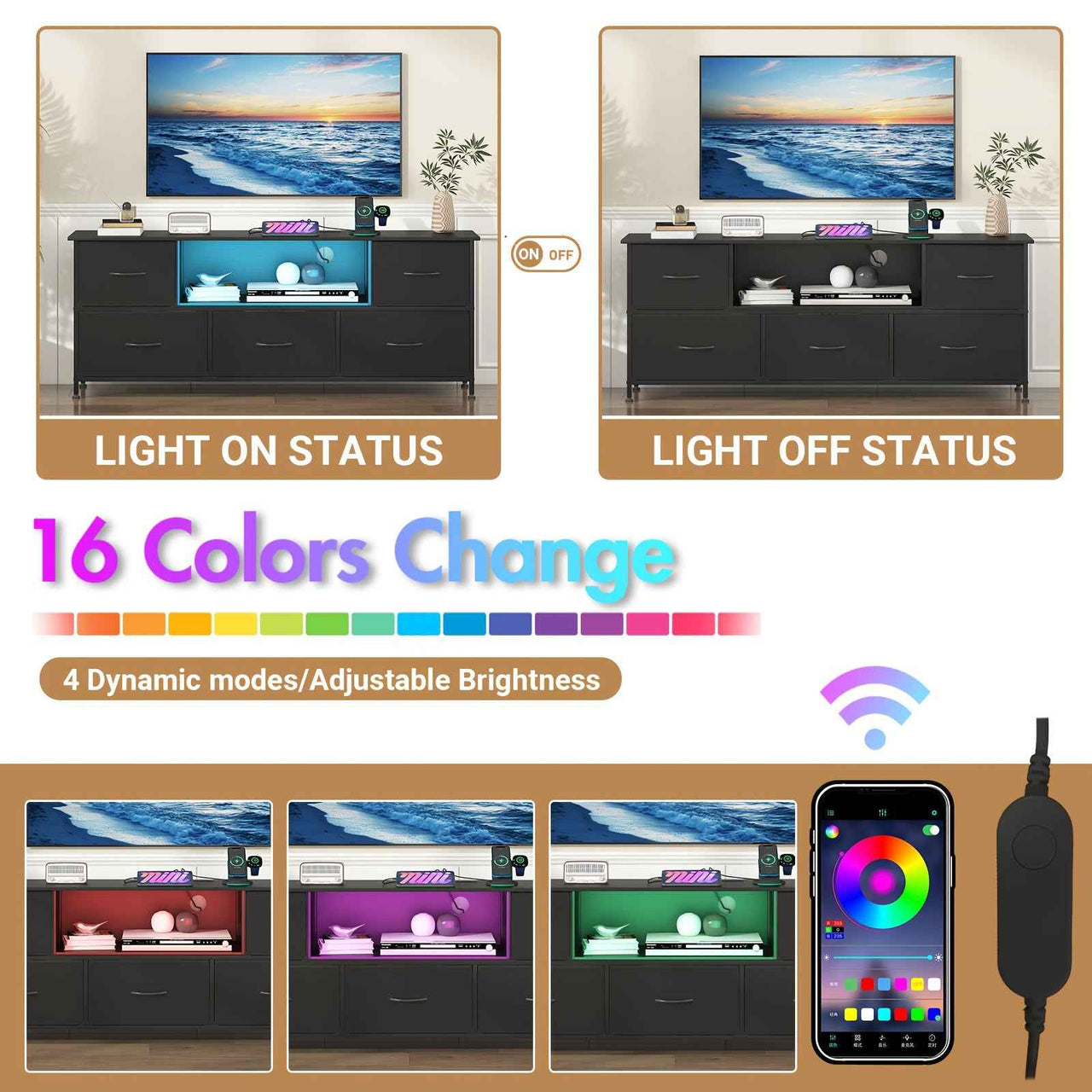 Advwin TV Unit Cabinet 140cm with Charging Station, TV Stand with 5 Storage Drawers & Open Shelf,