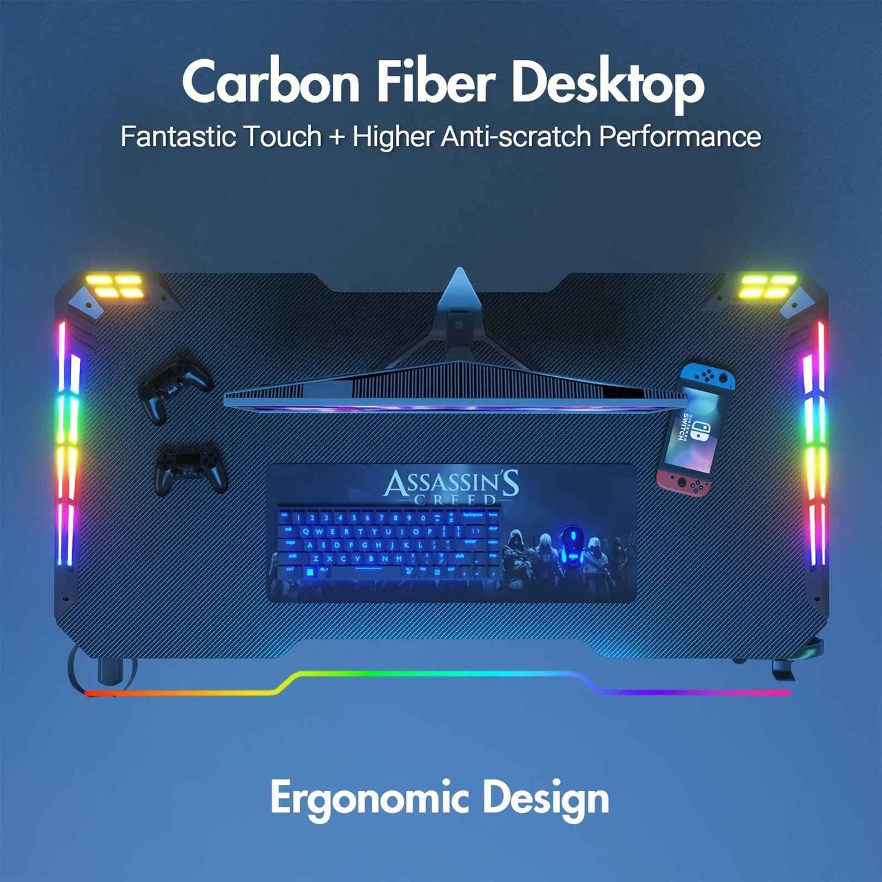 Gaming Office Desk RGB LED Gamer Workstation Carbon Fiber Racer Table with Cup Holder and Headphone Hook 120cm