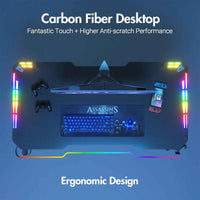 Thumbnail for Gaming Office Desk RGB LED Gamer Workstation Carbon Fiber Racer Table with Cup Holder and Headphone Hook 120cm