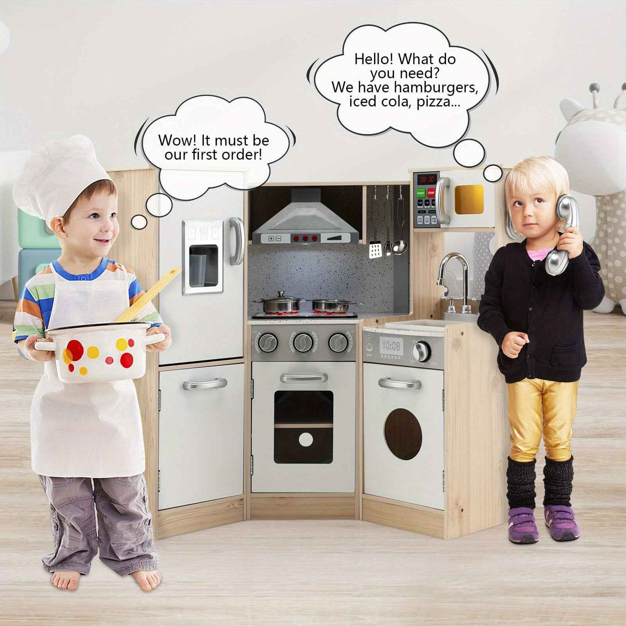 Wooden Corner kids Kitchen Playset | Pretend Cooking Toy with Cookware Accessories, For 3+