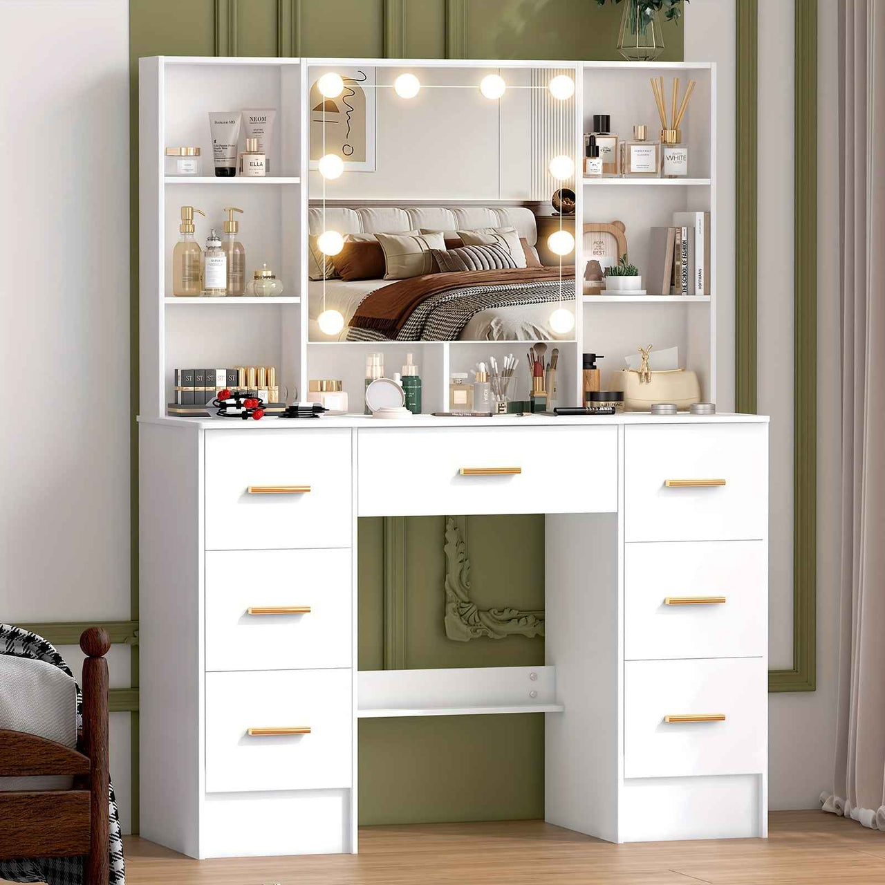 Modern White Solid Wood Dresser with Drawers, Illuminated Vanity Mirror And 3 Adjustable Lighting Modes