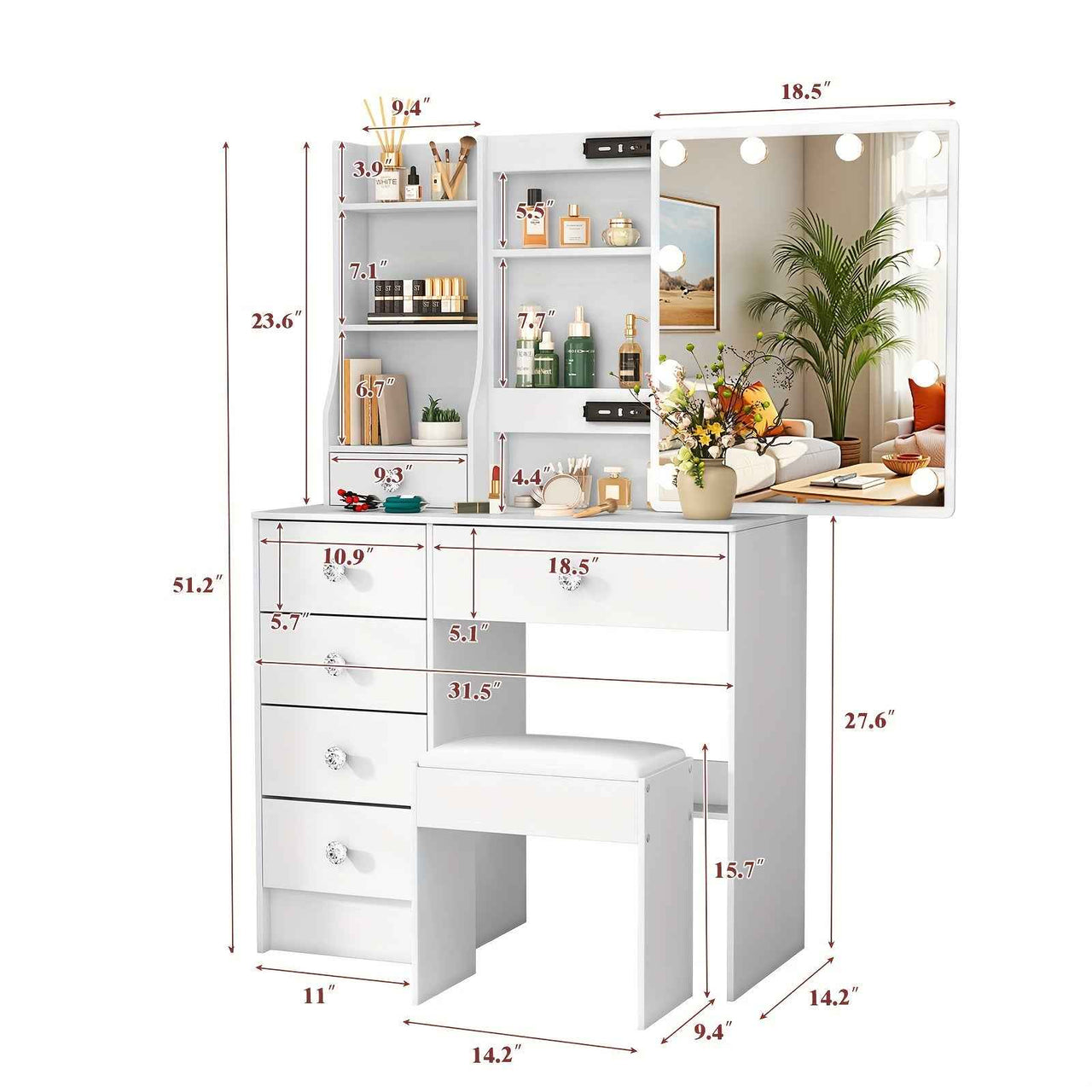 Modern White Solid Wood Dressing Table with Drawers, Lighting Mirror and 3 Lighting Modes