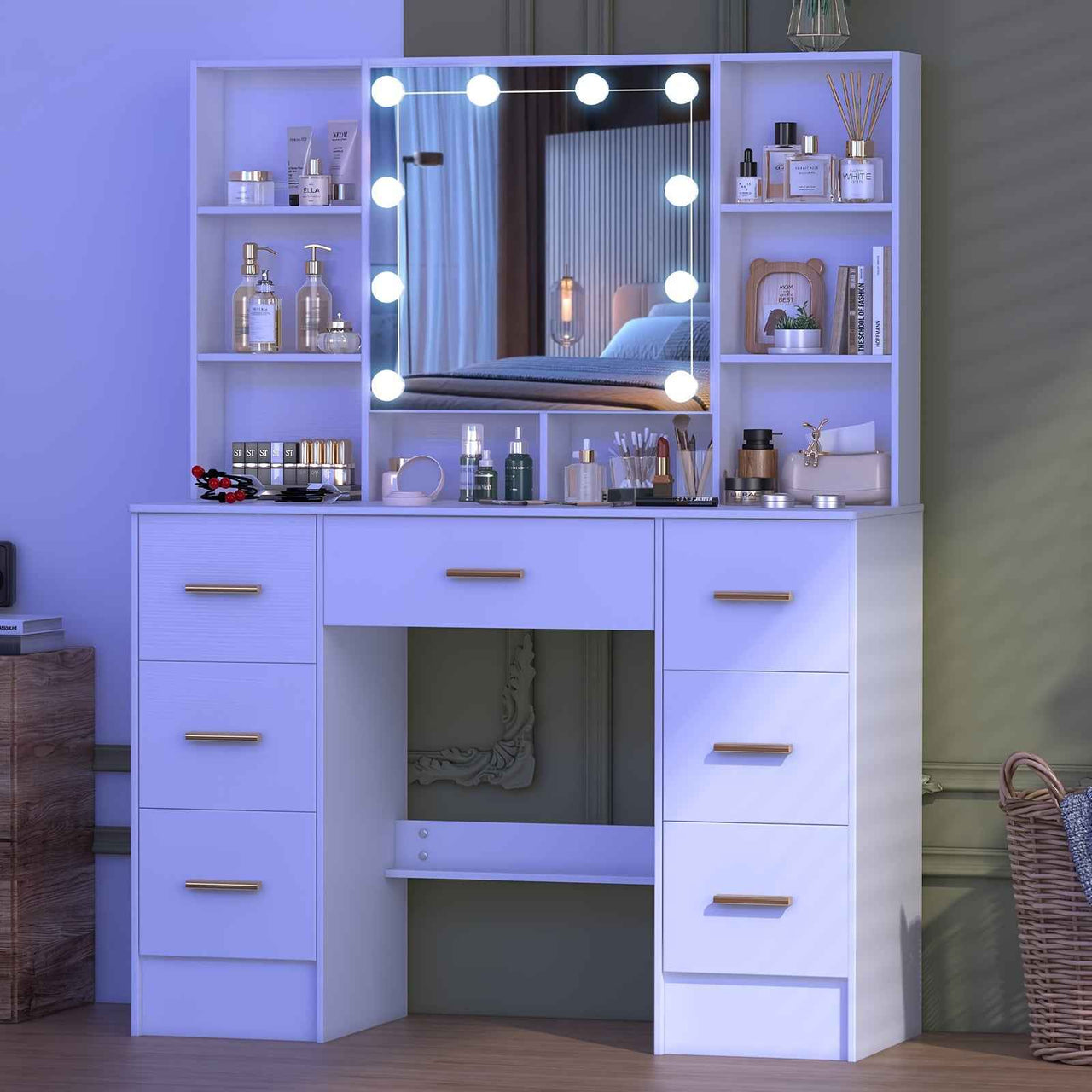 Modern White Solid Wood Dresser with Drawers, Illuminated Vanity Mirror And 3 Adjustable Lighting Modes