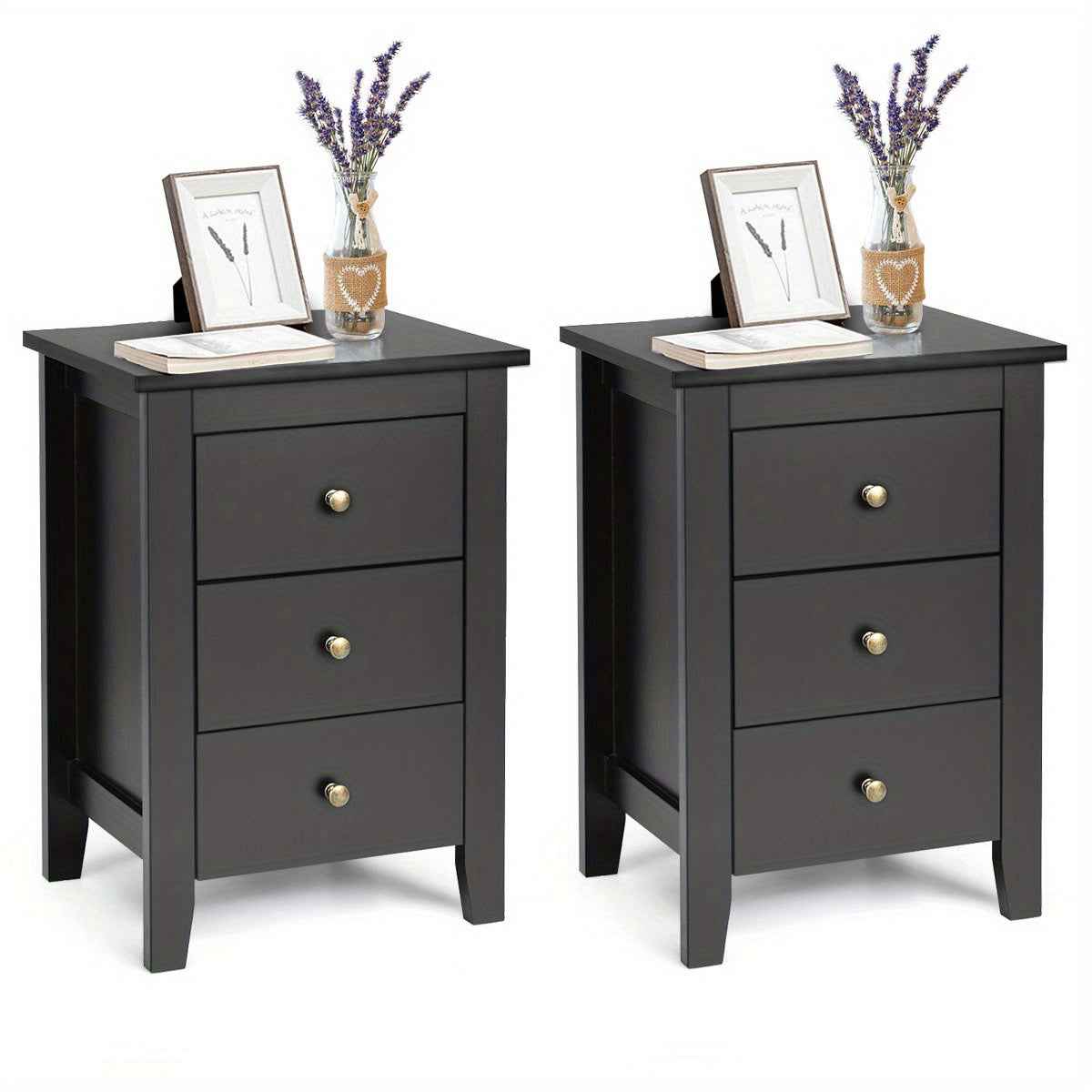 2x Bedside Tables Wood Side Table Nightstand Storage Cabinet w/3 Drawers Bedroom Living Black