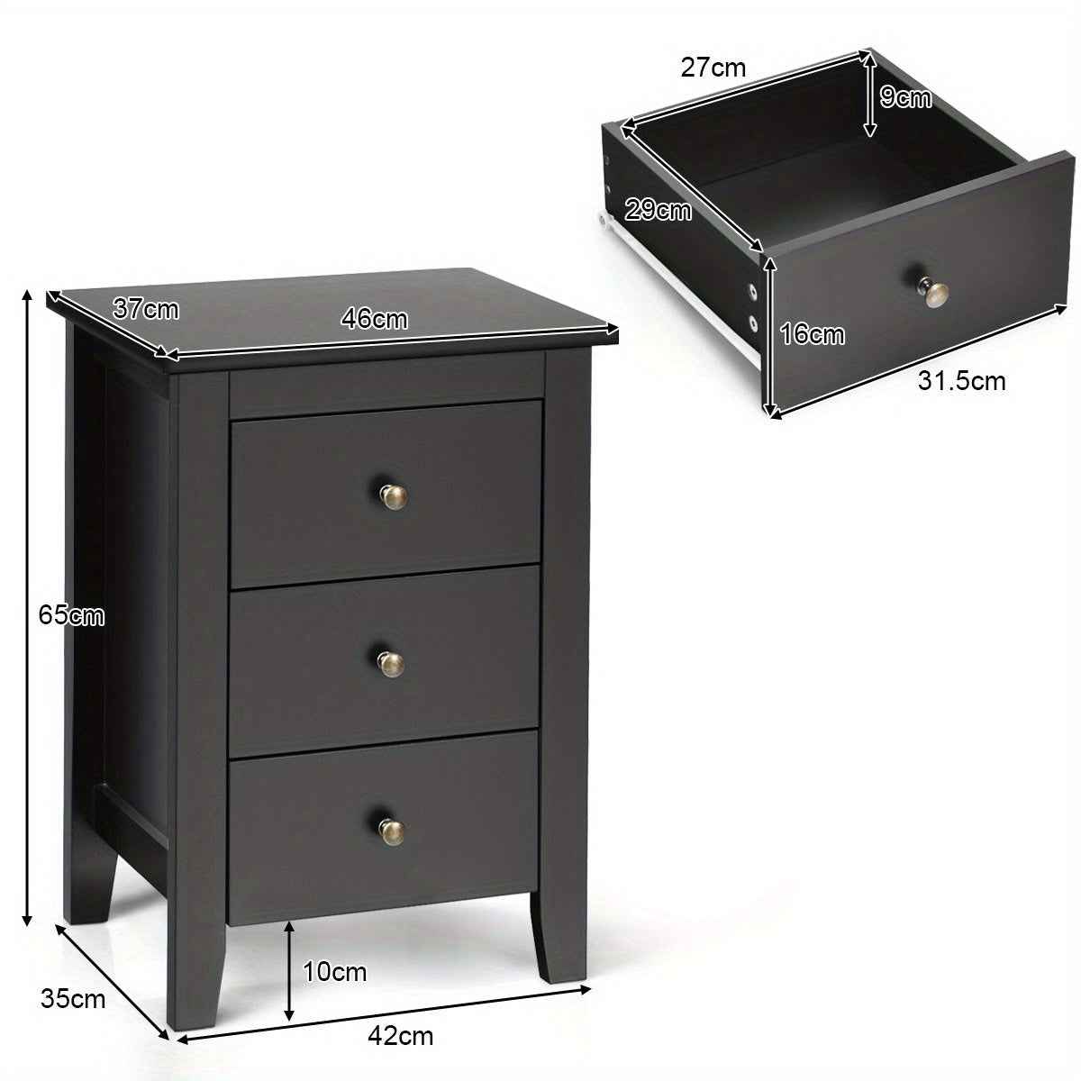 2x Bedside Tables Wood Side Table Nightstand Storage Cabinet w/3 Drawers Bedroom Living Black