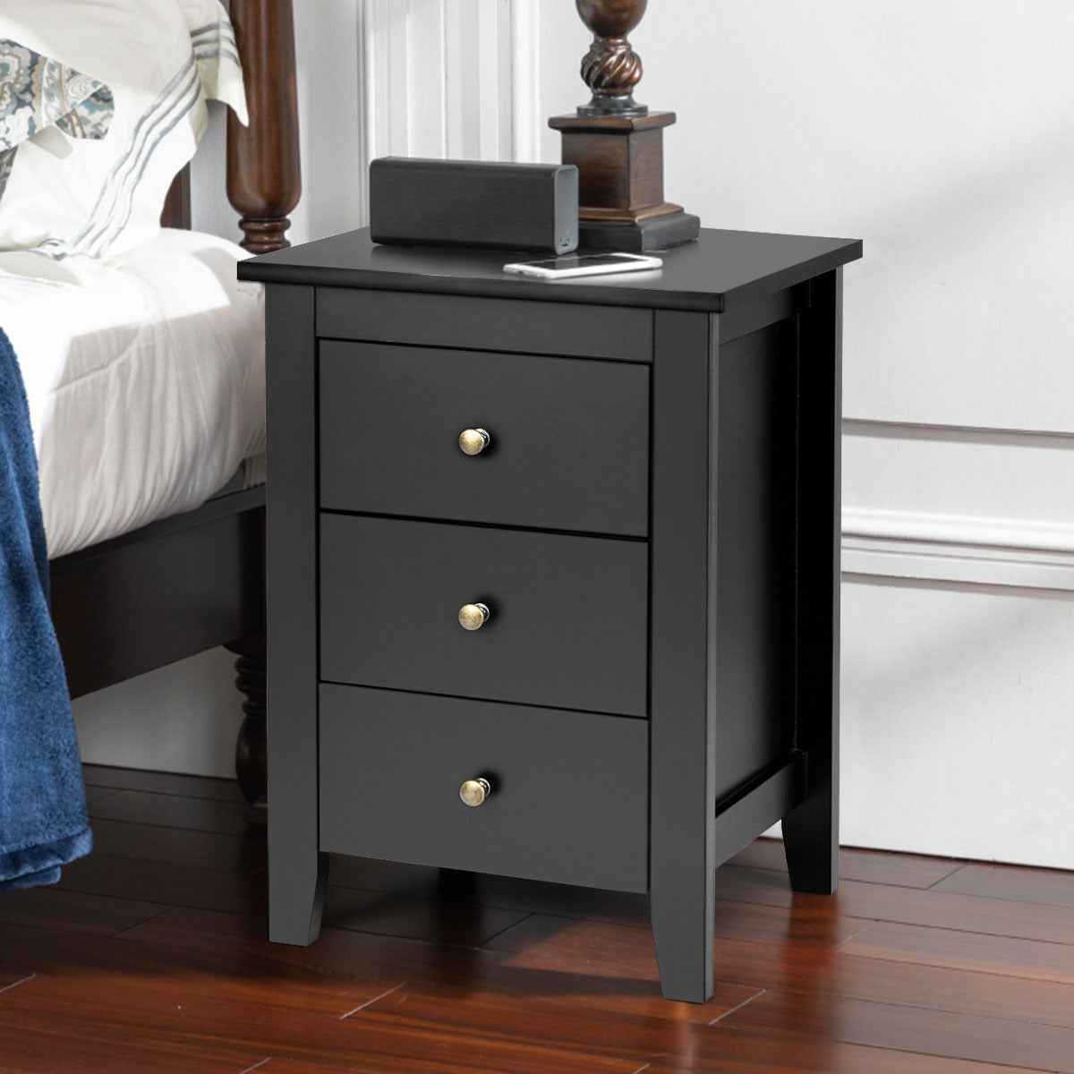 2x Bedside Tables Wood Side Table Nightstand Storage Cabinet w/3 Drawers Bedroom Living Black