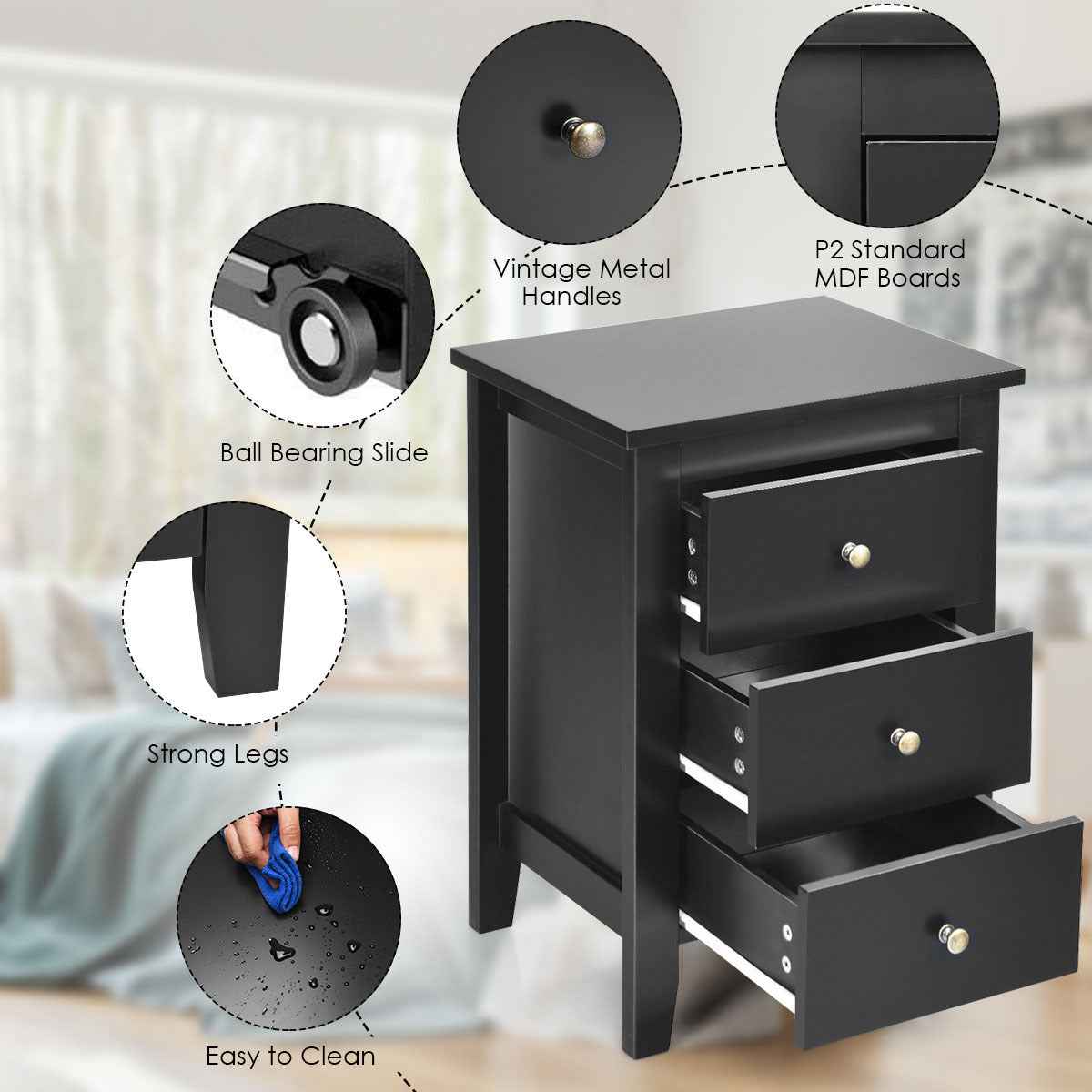 2x Bedside Tables Wood Side Table Nightstand Storage Cabinet w/3 Drawers Bedroom Living Black
