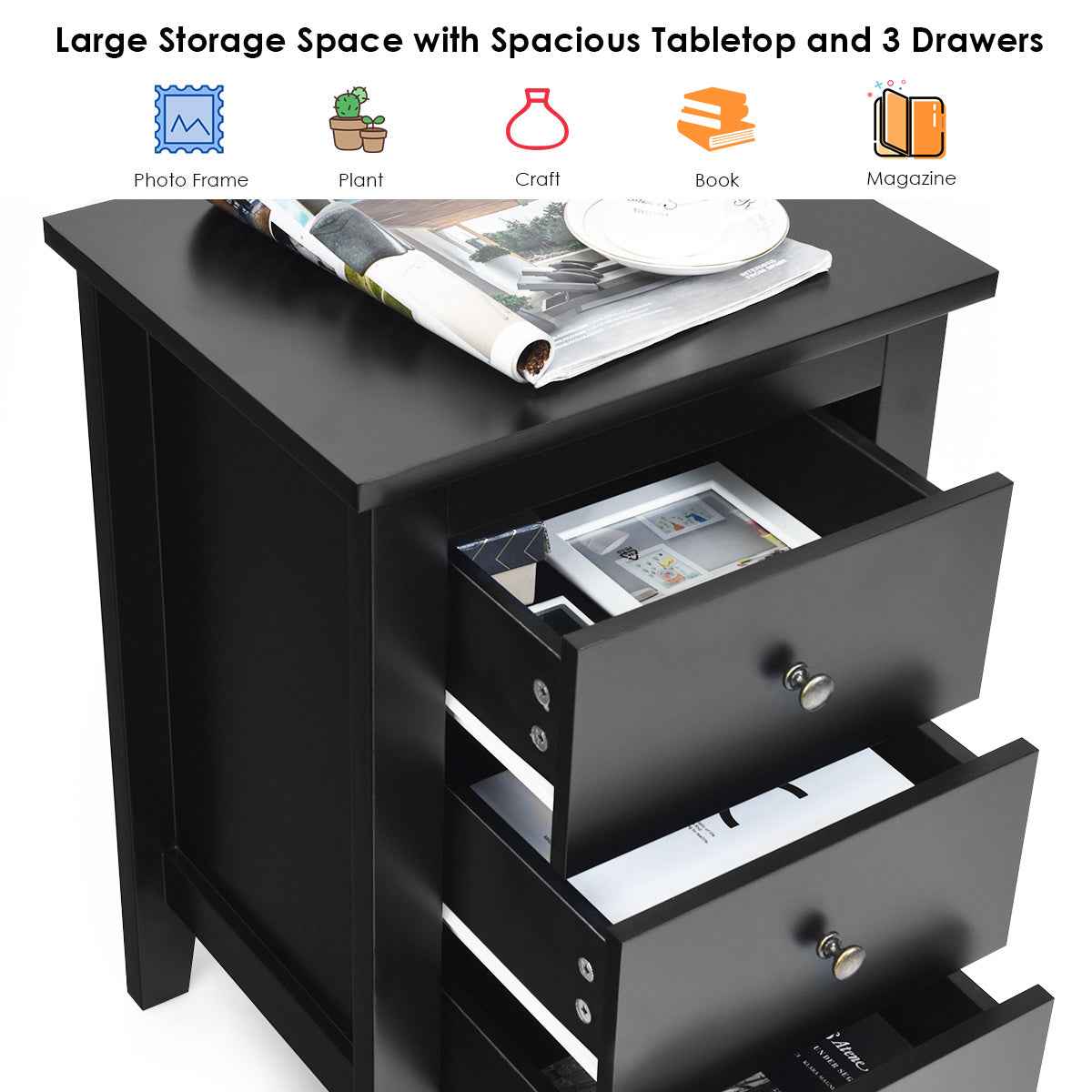 2x Bedside Tables Wood Side Table Nightstand Storage Cabinet w/3 Drawers Bedroom Living Black