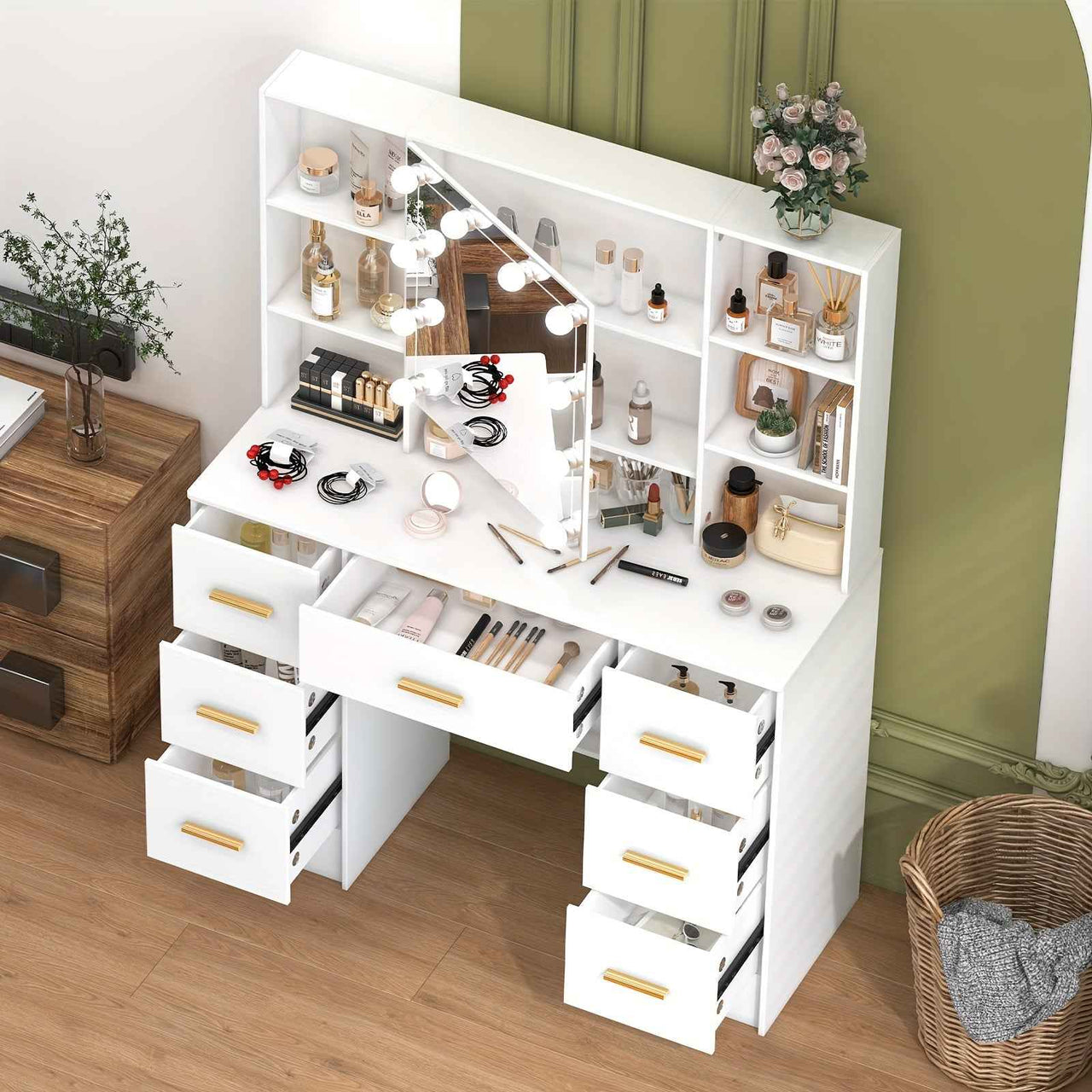 Modern White Solid Wood Dresser with Drawers, Illuminated Vanity Mirror And 3 Adjustable Lighting Modes