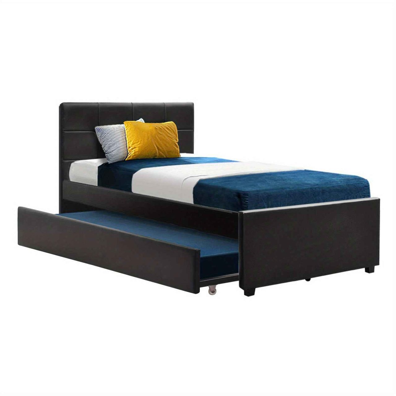 Modern Black Trundle Bed Frame | King Single Size, Hardwood with Drawers & Tufted Design - Easy Assembly, Contemporary Bedroom Decor