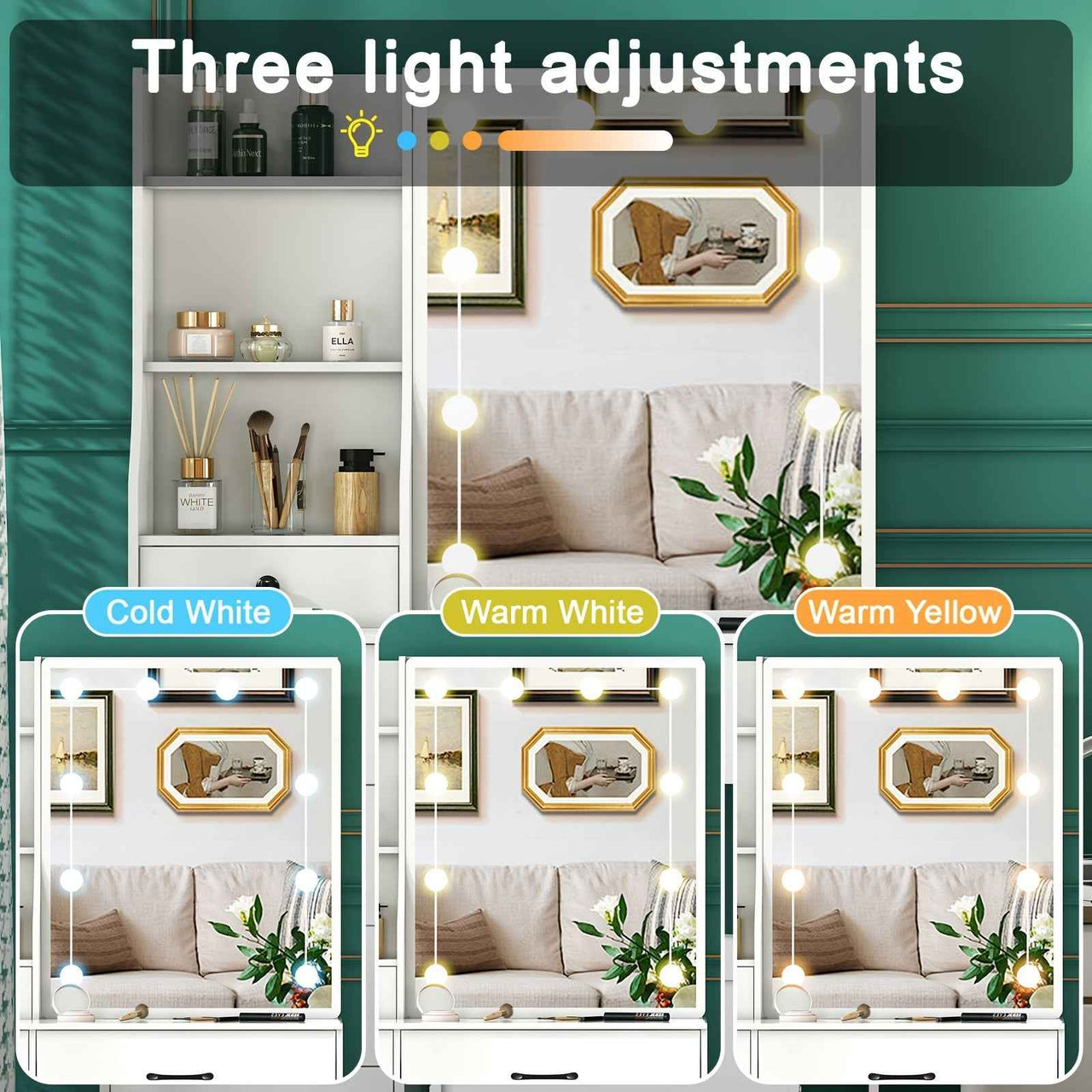 Modern White Solid Wood Dressing Table with Drawers, Lighting Mirror and 3 Lighting Modes