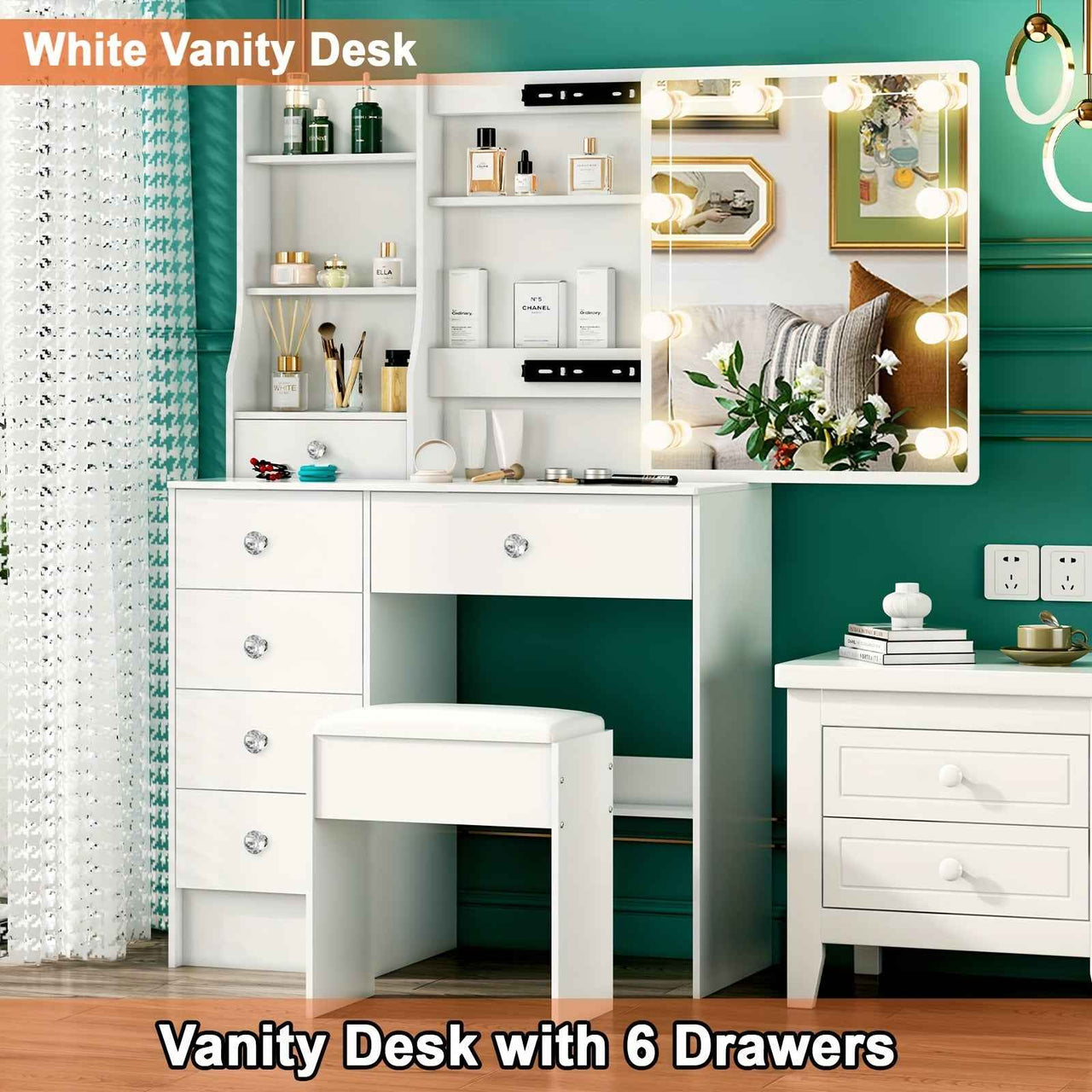 Modern White Solid Wood Dressing Table with Drawers, Lighting Mirror and 3 Lighting Modes