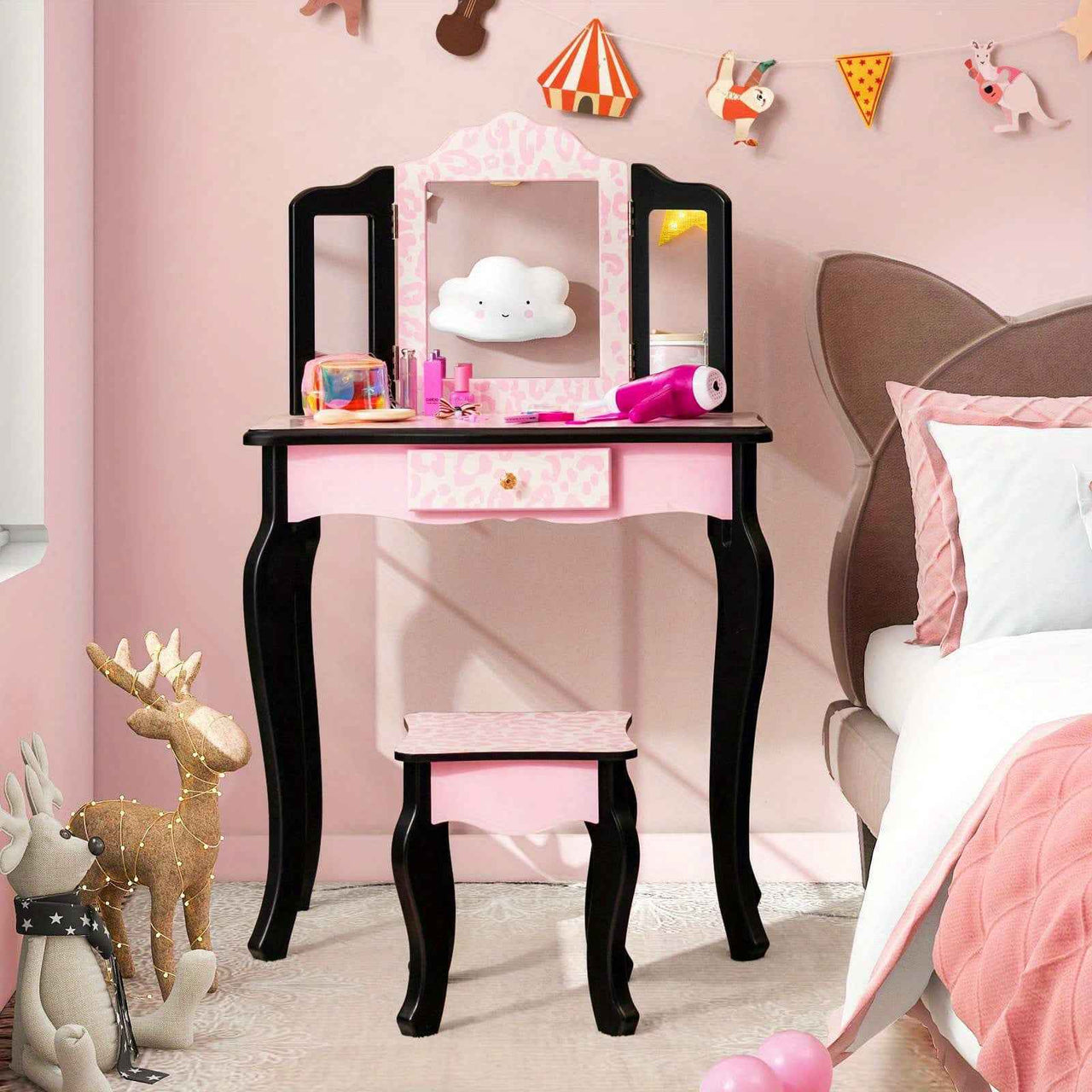 Pink Kids Vanity Makeup Set Pink Bedroom Dresser with Stool Set and Tri-Folding Mirror