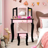 Thumbnail for Pink Kids Vanity Makeup Set Pink Bedroom Dresser with Stool Set and Tri-Folding Mirror