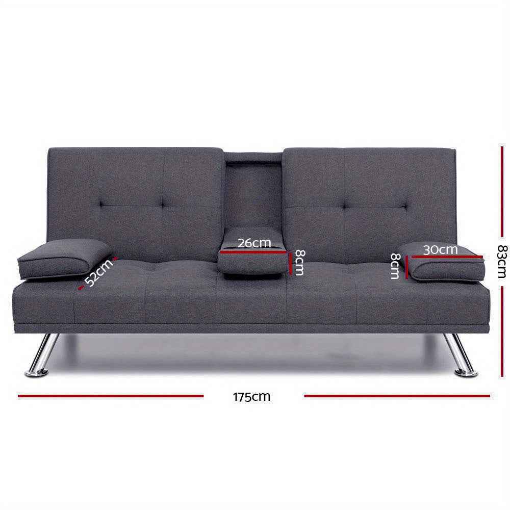 Artiss Sofa Bed Lounge Futon Couch Beds 3 Seater Convertible Cup Holder Fabric Dark Grey