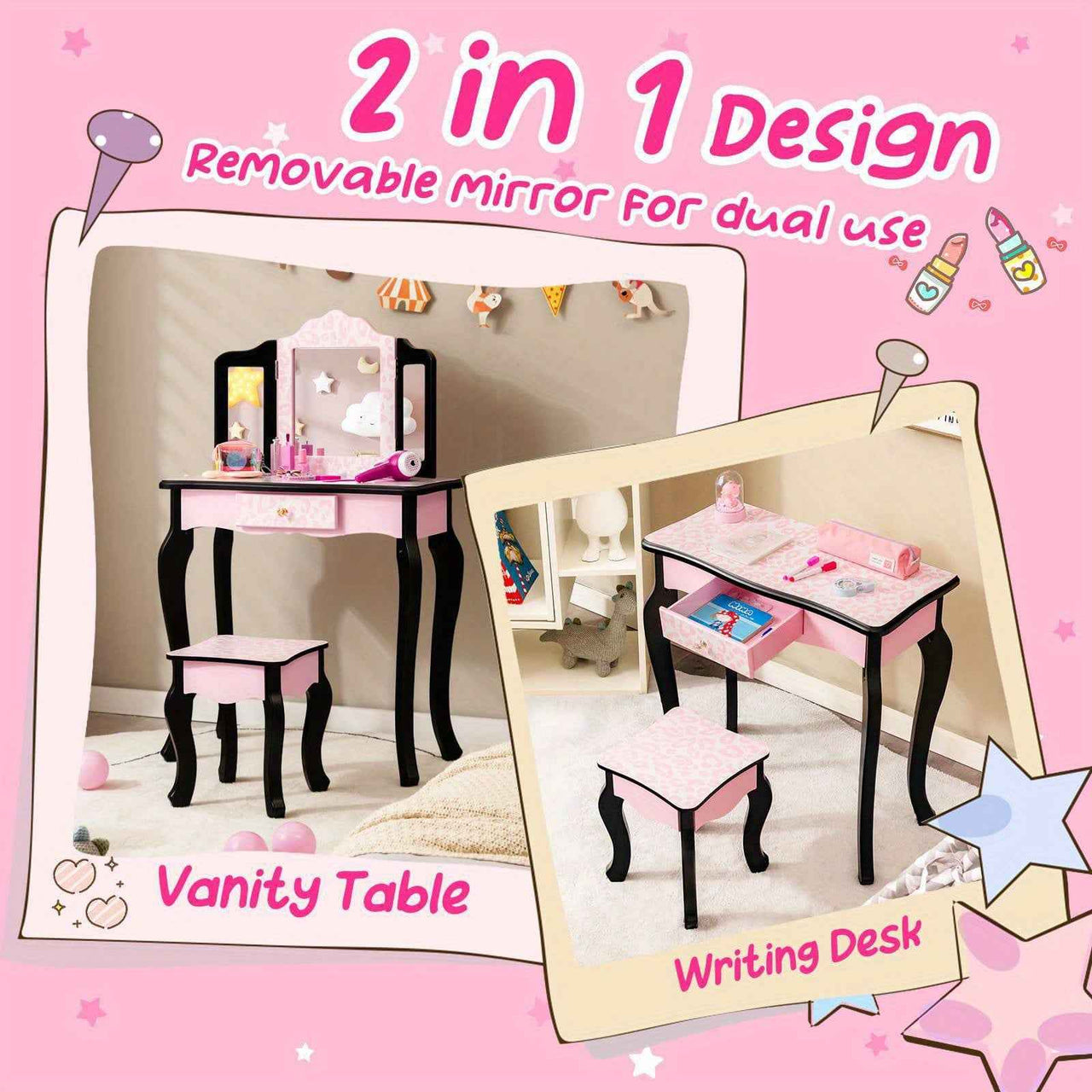 Pink Kids Vanity Makeup Set Pink Bedroom Dresser with Stool Set and Tri-Folding Mirror
