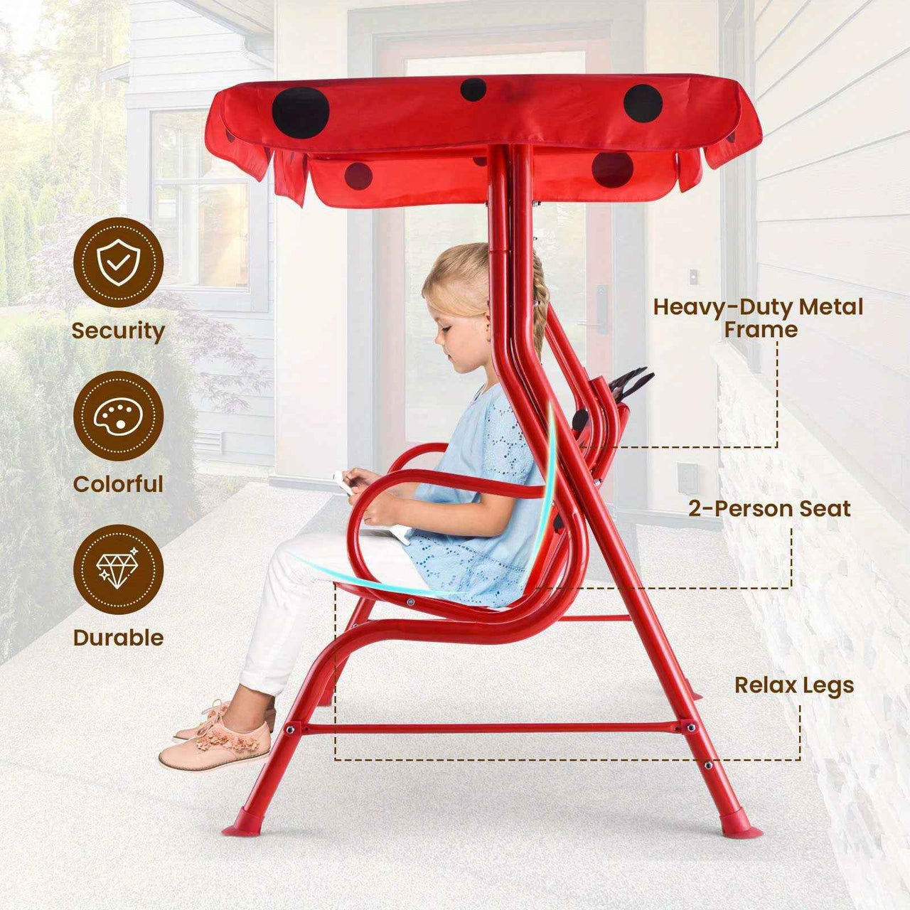 2-Seater Indoor / Outdoor Kids Porch Swing Chair Swing Bench w/ Metal Stand & Adjustable Tilt Canopy Beetle Pattern