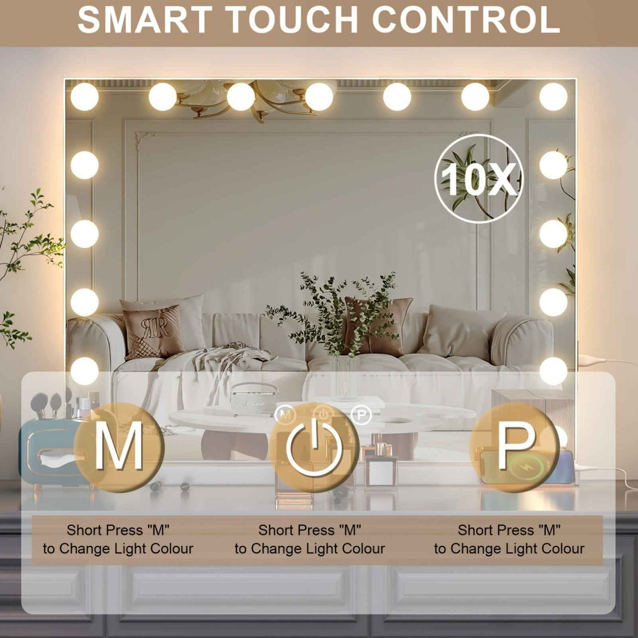 Hollywood Mirror 23.6x20.5in, 17 Dimmable LED Lights, Lighted Makeup Mirror, 3 Colour Lighting Modes