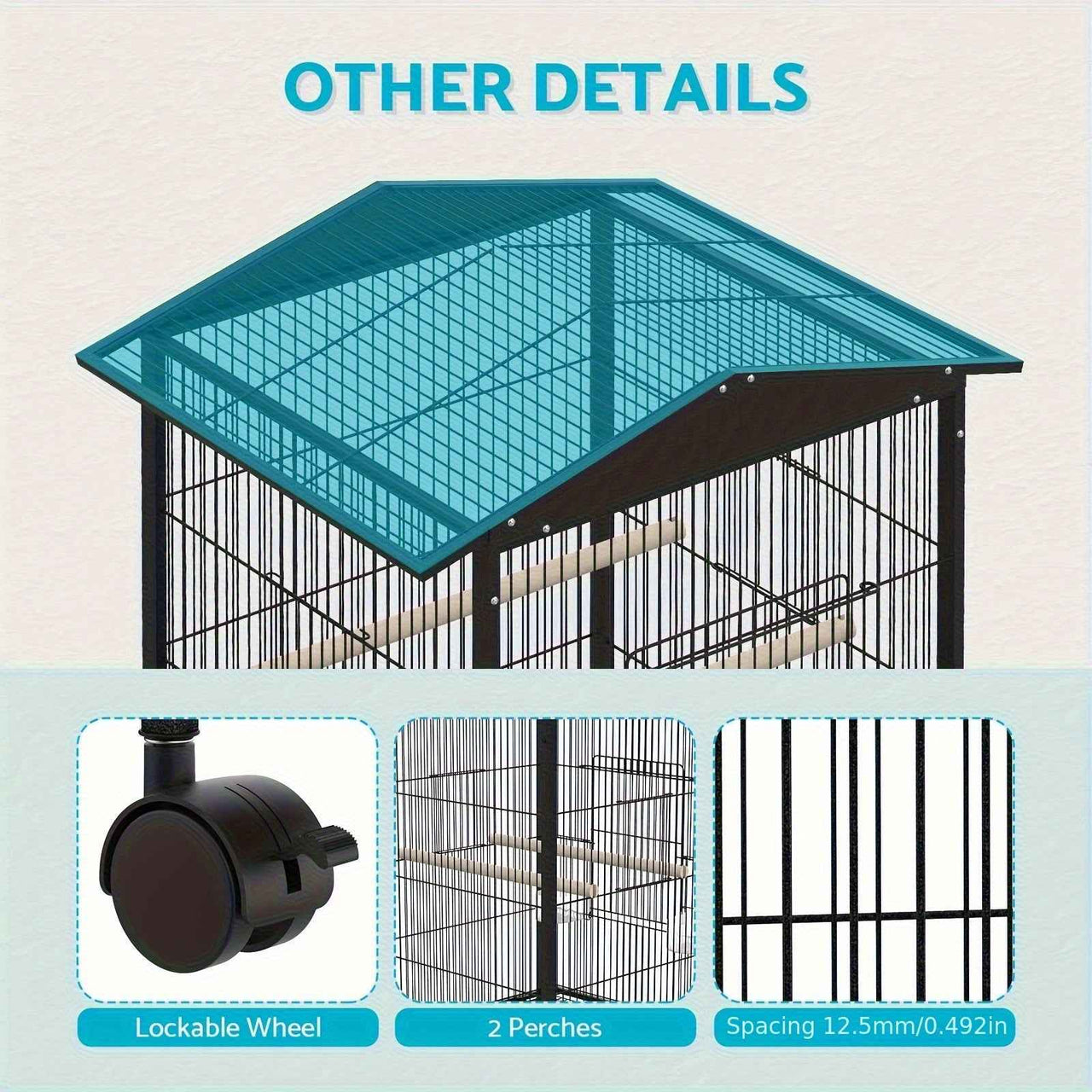 Advwin Large Metal Bird Cage with 2 Perches, Rotatable Wheels & Brake - Ideal for Parrots, Budgies, Finches, Canaries - Antirust, Easy Access, Waterproof Tray, 85x45x57cm