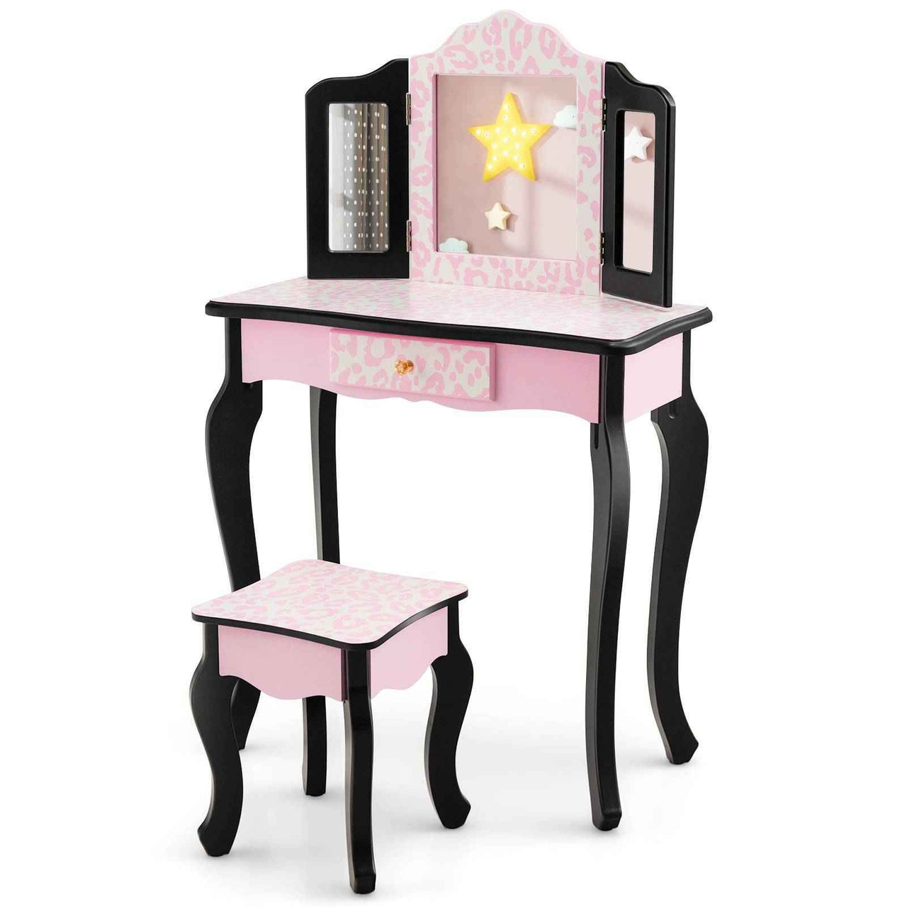 Pink Kids Vanity Makeup Set Pink Bedroom Dresser with Stool Set and Tri-Folding Mirror
