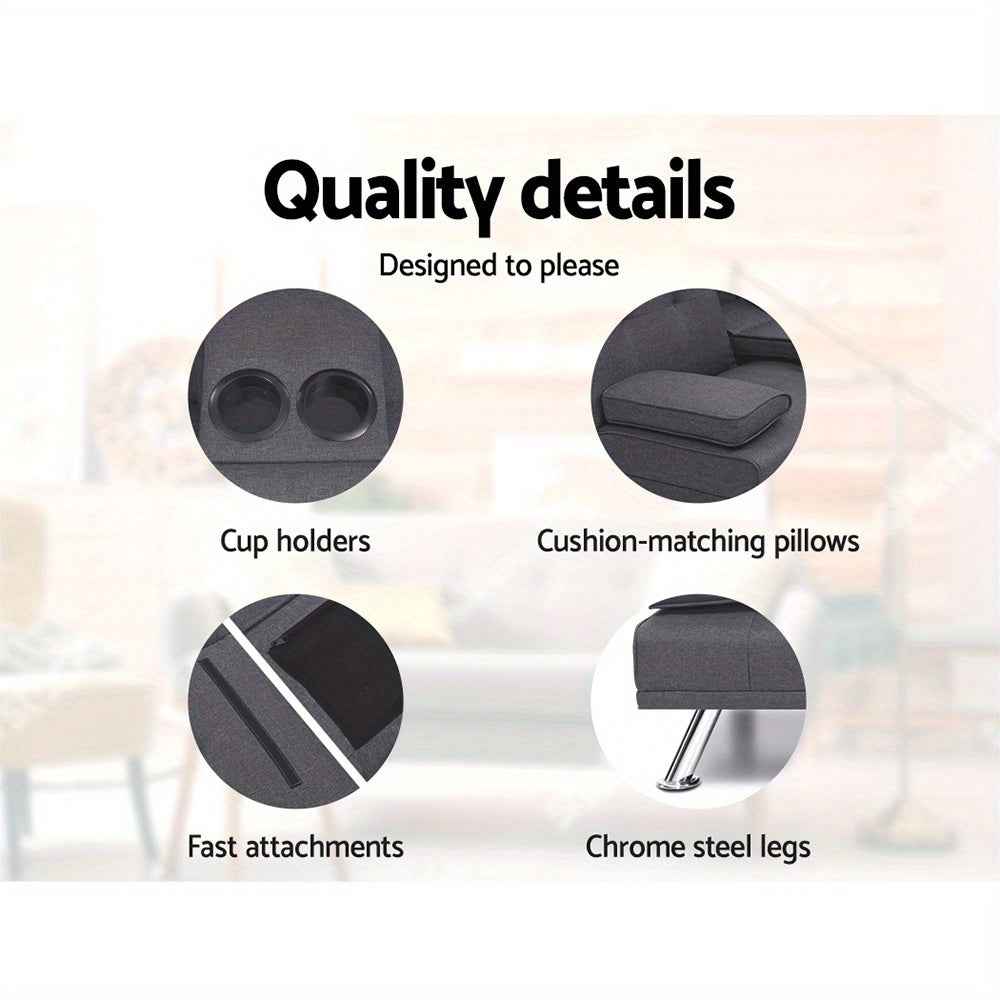 Artiss Sofa Bed Lounge Futon Couch Beds 3 Seater Convertible Cup Holder Fabric Dark Grey