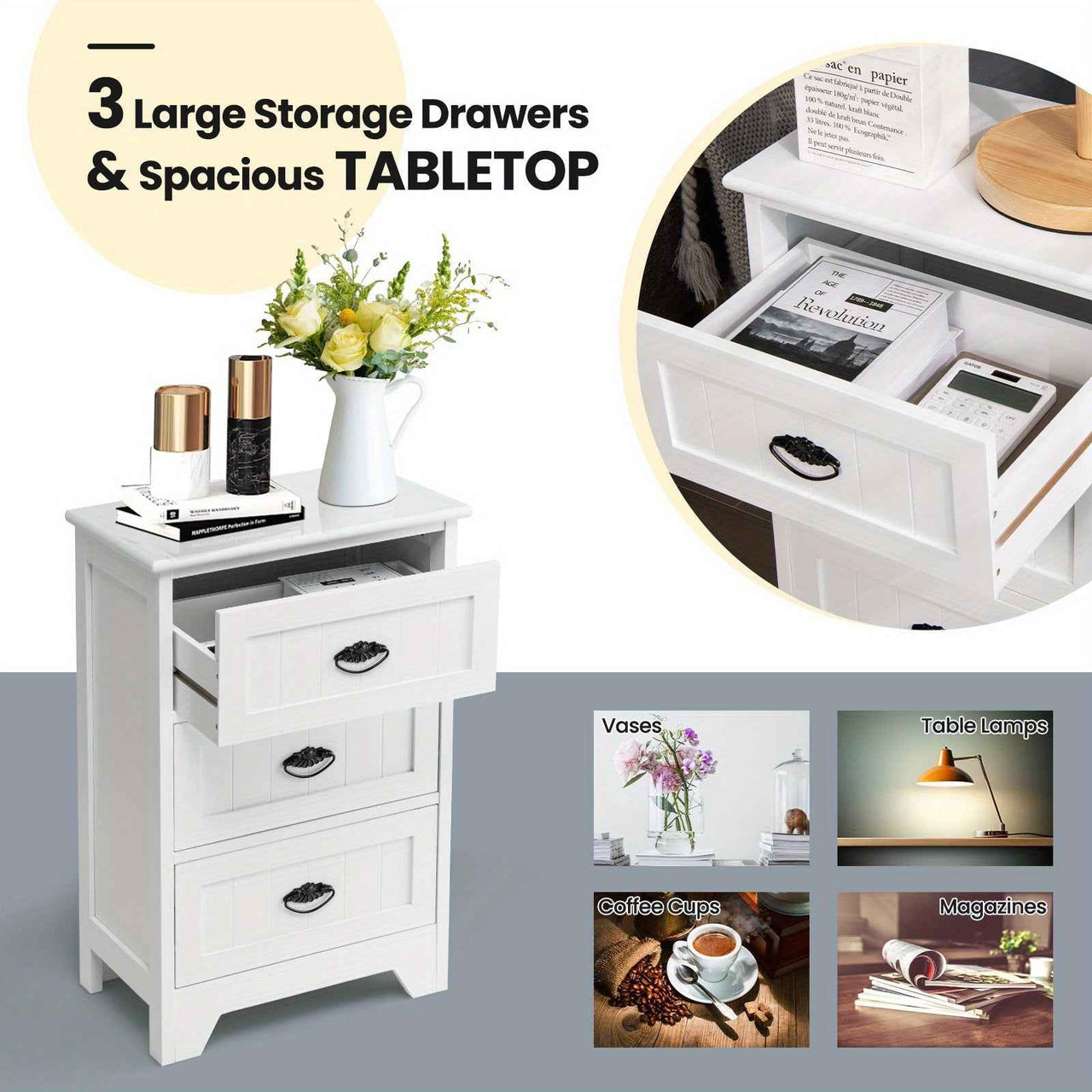 Side Table 3-Drawer Bedside Table Vintage Nightstand Bedroom Living Room Home White