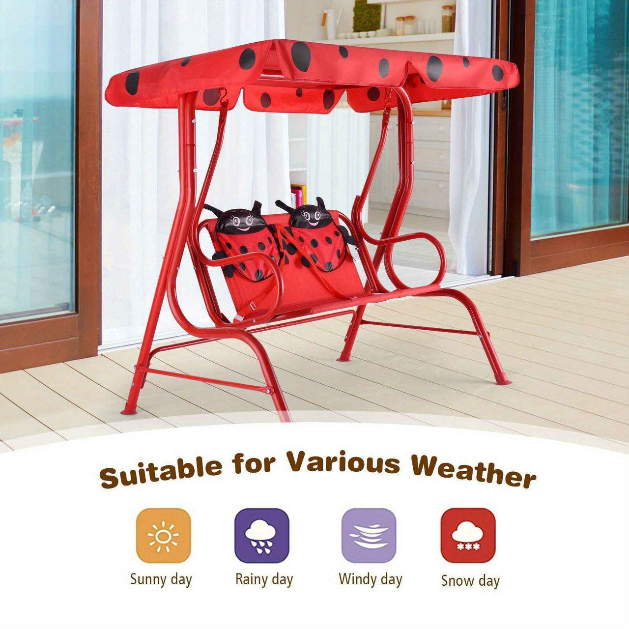 2-Seater Indoor / Outdoor Kids Porch Swing Chair Swing Bench w/ Metal Stand & Adjustable Tilt Canopy Beetle Pattern