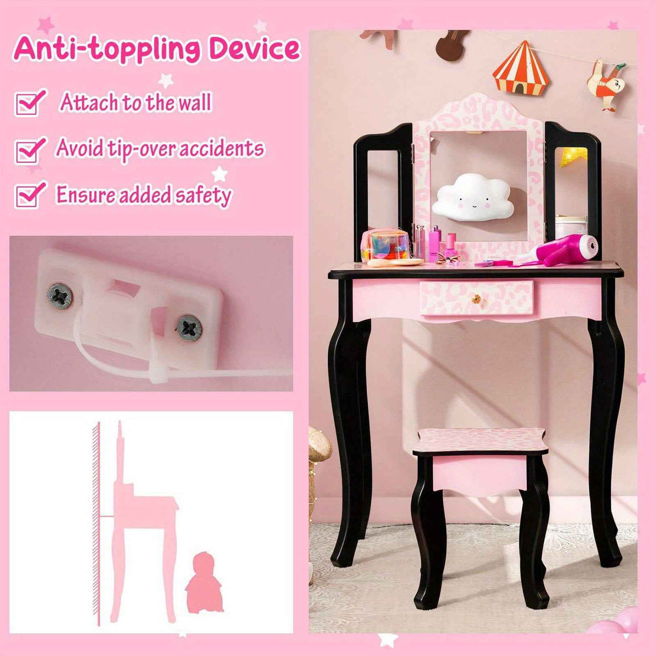 Pink Kids Vanity Makeup Set Pink Bedroom Dresser with Stool Set and Tri-Folding Mirror