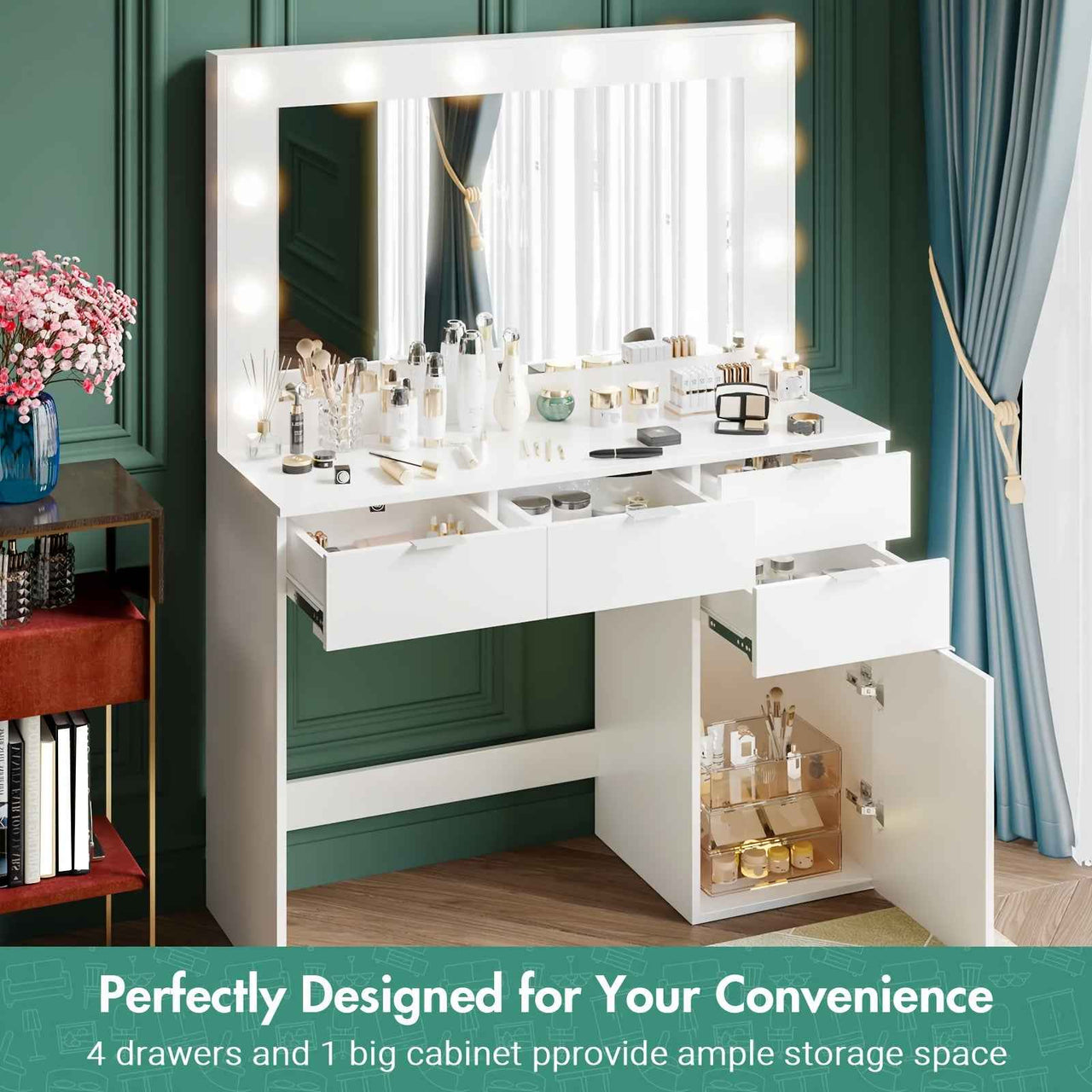 Dressing Table Stool Set With Large Make Up Mirror 12 LED Bulbs Vanity Desk With 4 Storage Drawers And 1 Cabinet For Women Girls Wooden Home Bedroom Furniture White