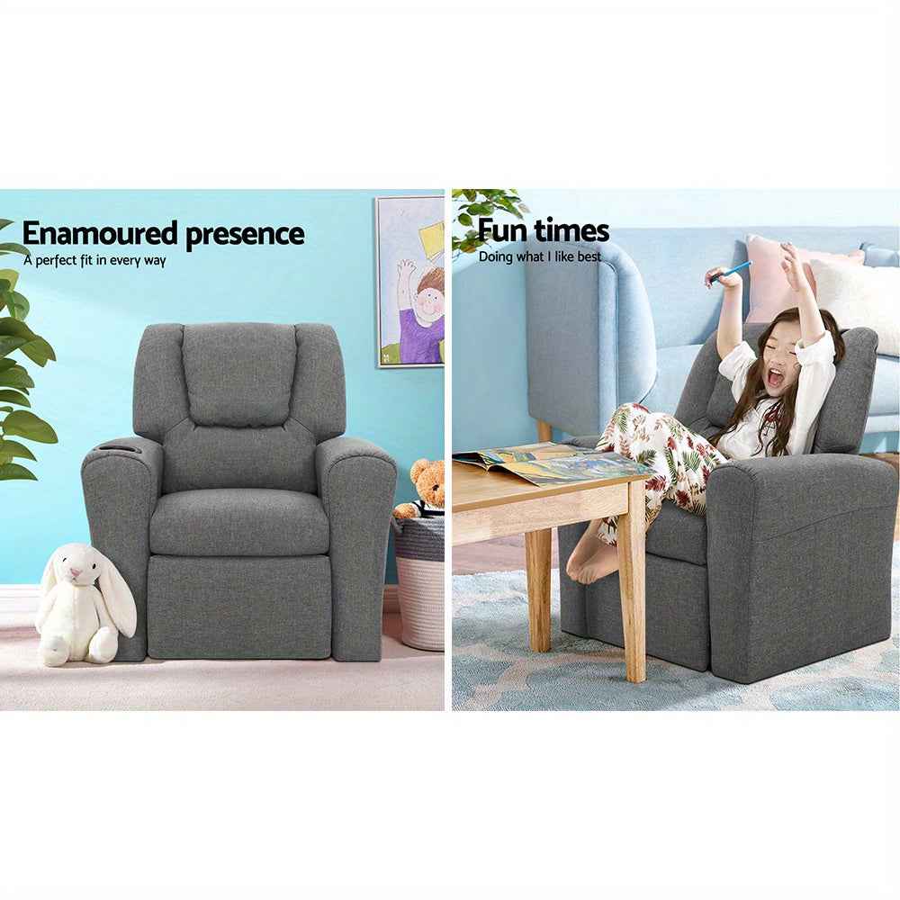 Keezi Kids Youngsters Recliner Chair - Soft Linen Fabric, Adjustable Grey Sofa Lounge for Youngsters with Armrests & Built-In Cup holder
