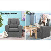 Thumbnail for Keezi Kids Youngsters Recliner Chair - Soft Linen Fabric, Adjustable Grey Sofa Lounge for Youngsters with Armrests & Built-In Cup holder