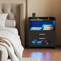 Thumbnail for Modern White Bedside Table with 2 Drawers, RGB LED Lighting, Charging & USB Port
