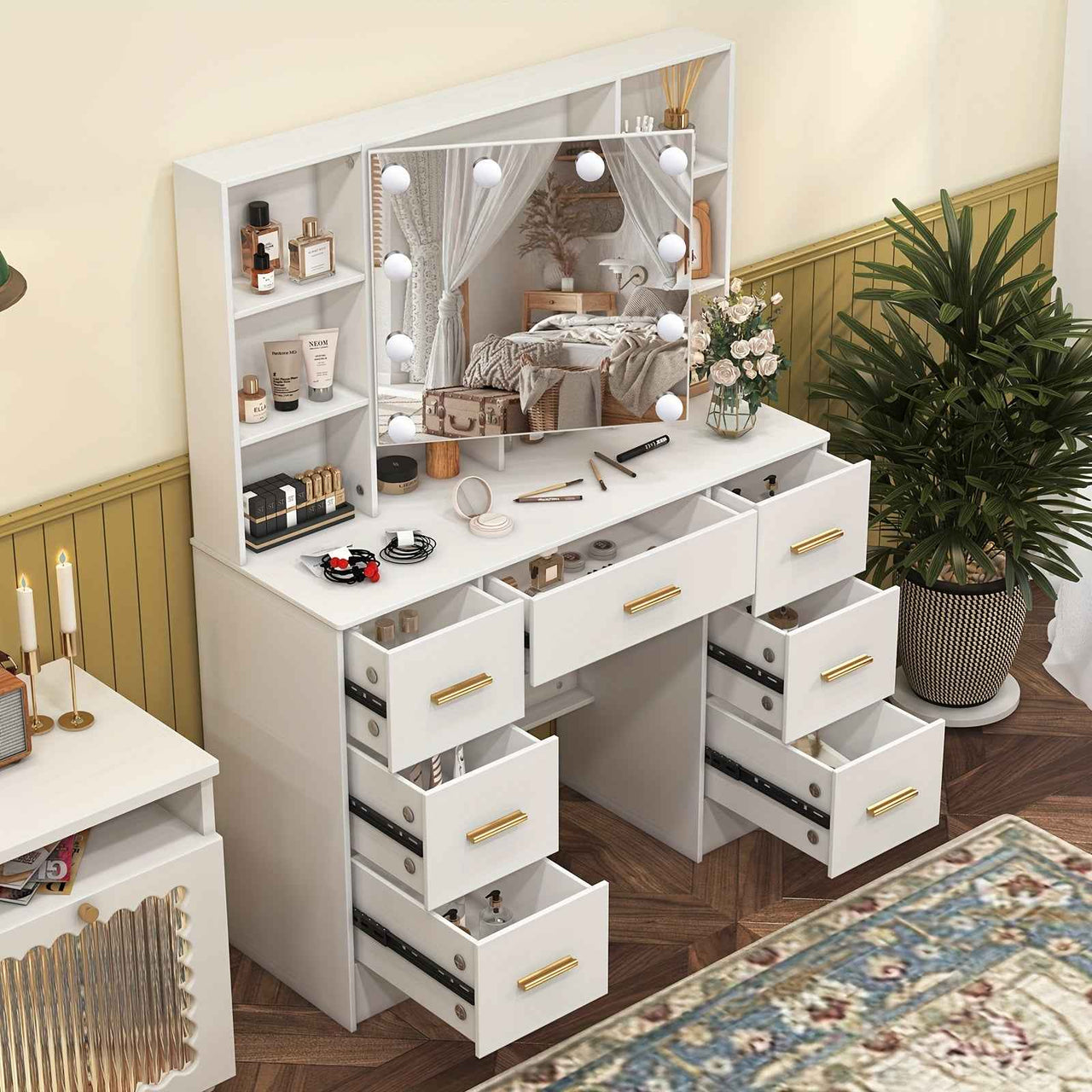 Modern White Solid Wood Dresser with Drawers, Illuminated Vanity Mirror And 3 Adjustable Lighting Modes