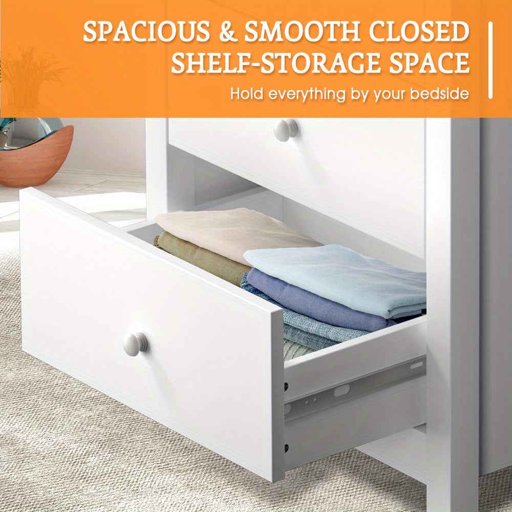 White Wooden Bedside Table with 2 Large Drawers - Compact 27" Nightstand