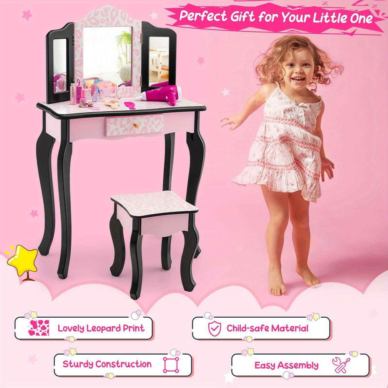 Pink Kids Vanity Makeup Set Pink Bedroom Dresser with Stool Set and Tri-Folding Mirror