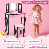 Thumbnail for Pink Kids Vanity Makeup Set Pink Bedroom Dresser with Stool Set and Tri-Folding Mirror
