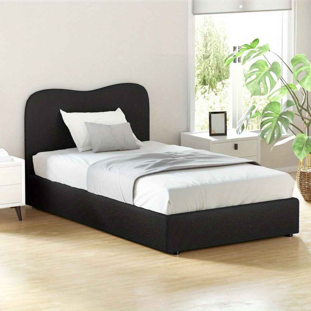 DARA King Single Bed Frame - Elegant Black Boucle Fabric with Padded Headboard
