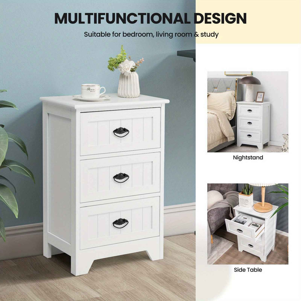 Side Table 3-Drawer Bedside Table Vintage Nightstand Bedroom Living Room Home White