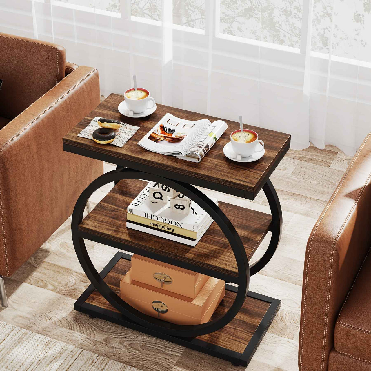 Industrial Narrow End Table with 3 Storage Shelves Bedside Table - Hall Table