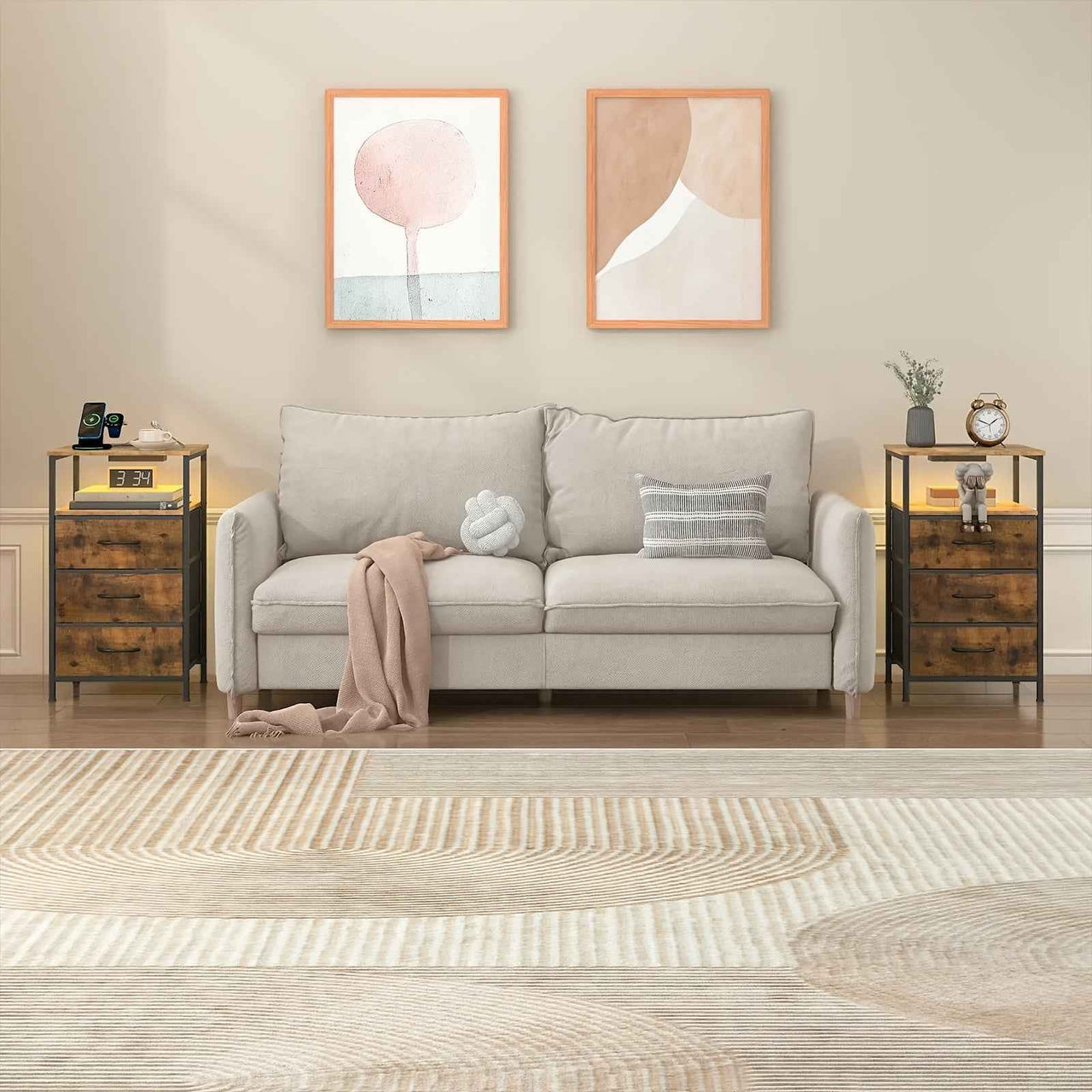 Advwin Bedside Table 2/3 Fabric Drawers Wooden, LED Nightstand with Charging Station And USB Port