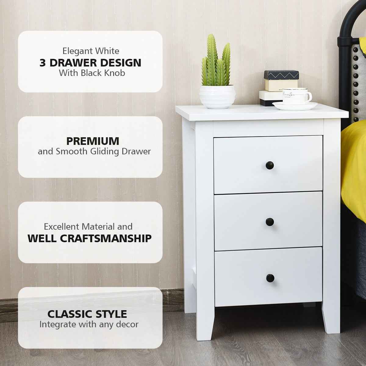 LIFEZEAL 2x Bedside Tables Wood Side Table Nightstand Storage Cabinet w/3 Drawers White