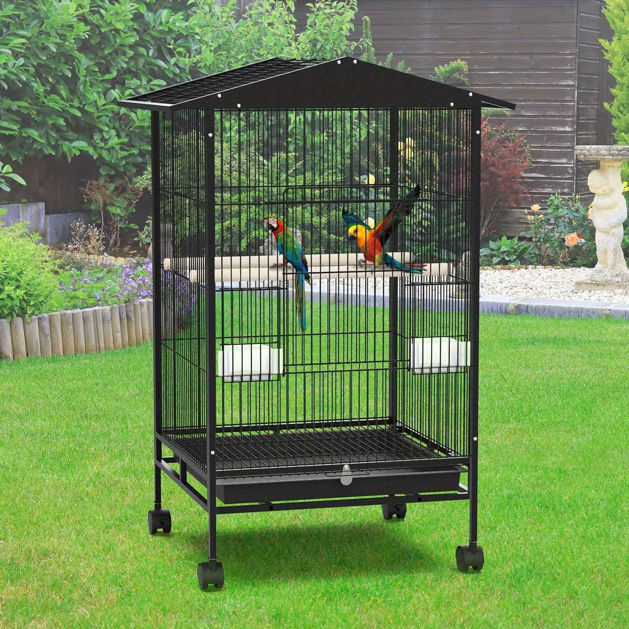 Advwin Large Metal Bird Cage with 2 Perches, Rotatable Wheels & Brake - Ideal for Parrots, Budgies, Finches, Canaries - Antirust, Easy Access, Waterproof Tray, 85x45x57cm