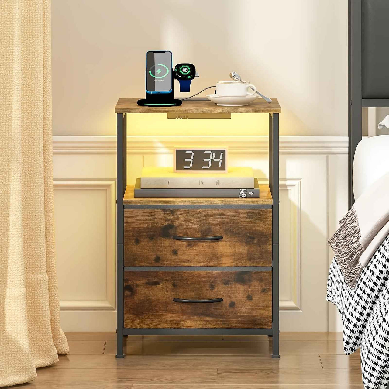 Advwin Bedside Table 2/3 Fabric Drawers Wooden, LED Nightstand with Charging Station And USB Port