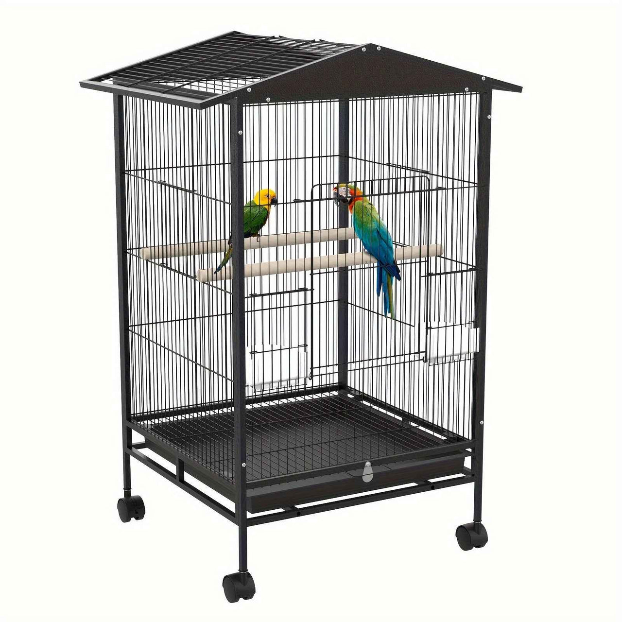 Advwin Large Metal Bird Cage with 2 Perches, Rotatable Wheels & Brake - Ideal for Parrots, Budgies, Finches, Canaries - Antirust, Easy Access, Waterproof Tray, 85x45x57cm
