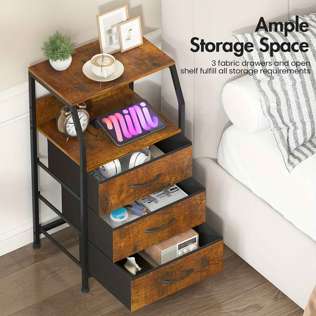 Advwin Bedside Table with Charging Station - Compact Nightstand with 3 Drawers & Shelf