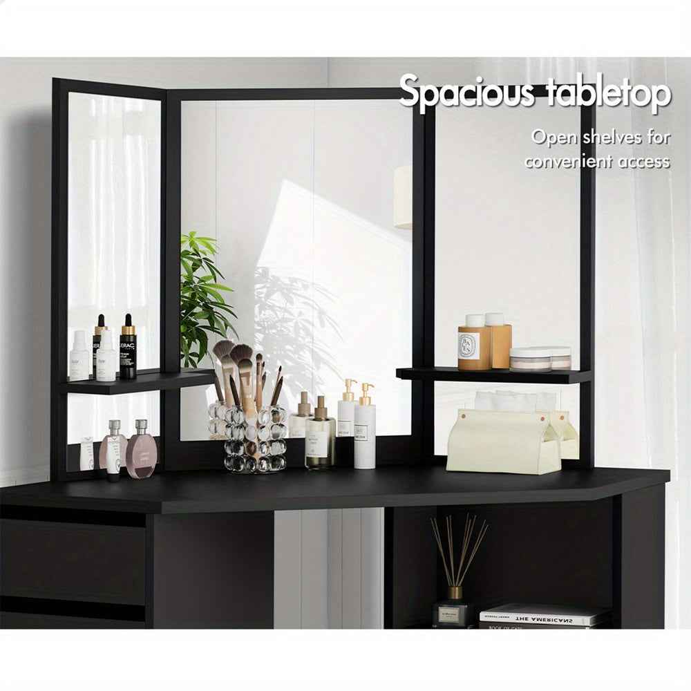 Modern Vanity Desk Set with Tri-Fold Mirror, Adjustable Height Stool - Hardwood Construction, Spacious Storage